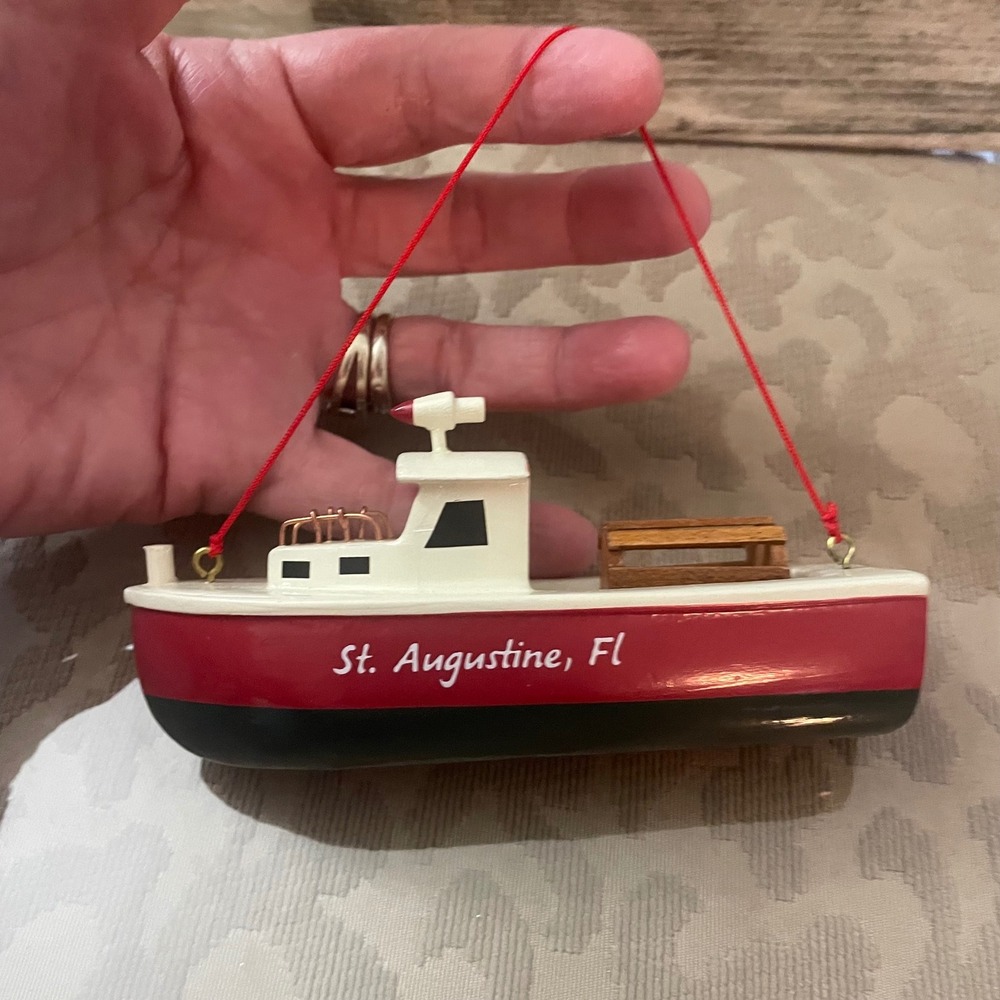 VTG St. Augustine FL Souvenir Boat Ornament Nautical Red White Fishing Trawler